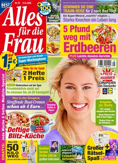 Titelbild der Ausgabe 25/2025 von Alles für die Frau. Diese Zeitschrift und viele weitere Frauenzeitschriften als Abo oder epaper bei United Kiosk online kaufen.