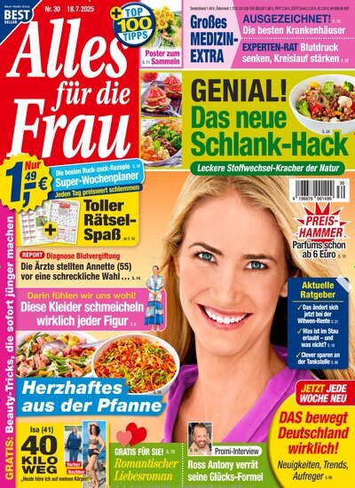 Titelbild der Ausgabe 30/2025 von Alles für die Frau. Diese Zeitschrift und viele weitere Frauenzeitschriften als Abo oder epaper bei United Kiosk online kaufen.