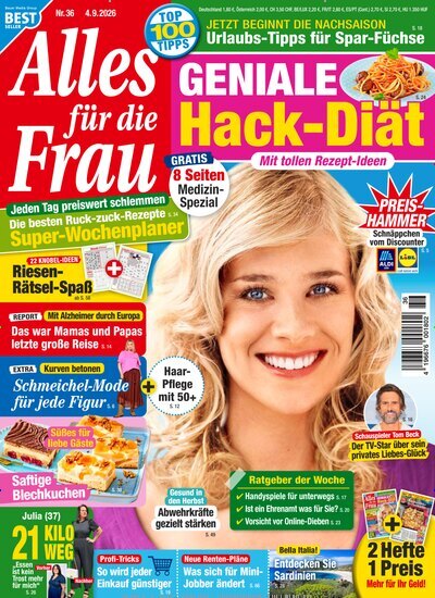 Titelbild der Ausgabe 36/2026 von Alles für die Frau. Diese Zeitschrift und viele weitere Frauenzeitschriften als Abo oder epaper bei United Kiosk online kaufen.