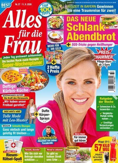 Titelbild der Ausgabe 37/2026 von Alles für die Frau. Diese Zeitschrift und viele weitere Frauenzeitschriften als Abo oder epaper bei United Kiosk online kaufen.