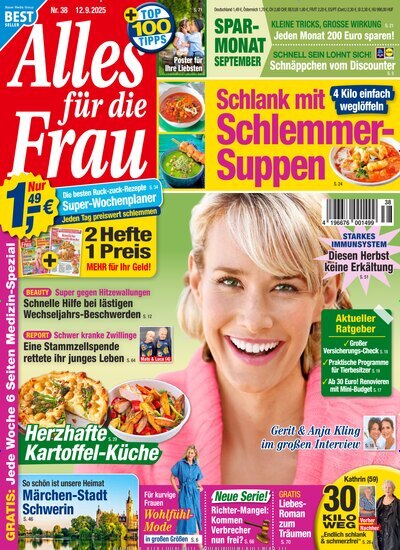 Titelbild der Ausgabe 38/2025 von Alles für die Frau. Diese Zeitschrift und viele weitere Frauenzeitschriften als Abo oder epaper bei United Kiosk online kaufen.
