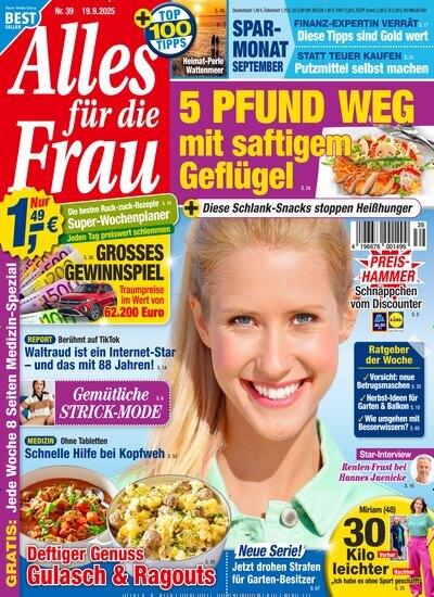 Titelbild der Ausgabe 39/2025 von Alles für die Frau. Diese Zeitschrift und viele weitere Frauenzeitschriften als Abo oder epaper bei United Kiosk online kaufen.