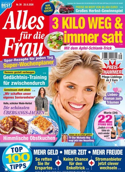 Titelbild der Ausgabe 39/2026 von Alles für die Frau. Diese Zeitschrift und viele weitere Frauenzeitschriften als Abo oder epaper bei United Kiosk online kaufen.