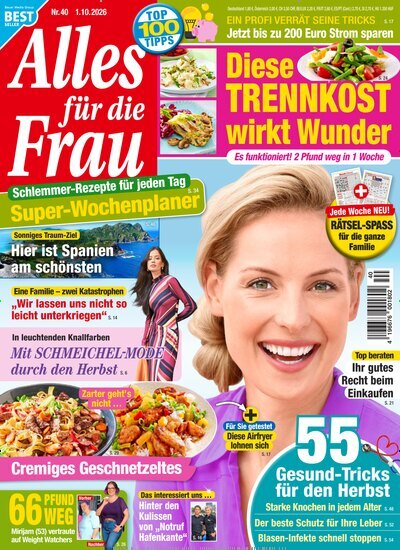 Titelbild der Ausgabe 40/2026 von Alles für die Frau. Diese Zeitschrift und viele weitere Frauenzeitschriften als Abo oder epaper bei United Kiosk online kaufen.