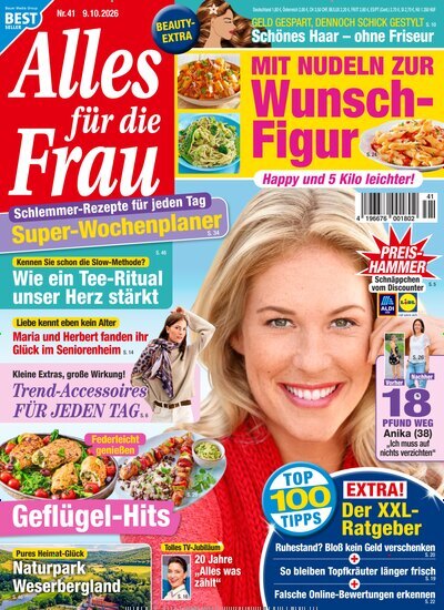 Titelbild der Ausgabe 41/2026 von Alles für die Frau. Diese Zeitschrift und viele weitere Frauenzeitschriften als Abo oder epaper bei United Kiosk online kaufen.