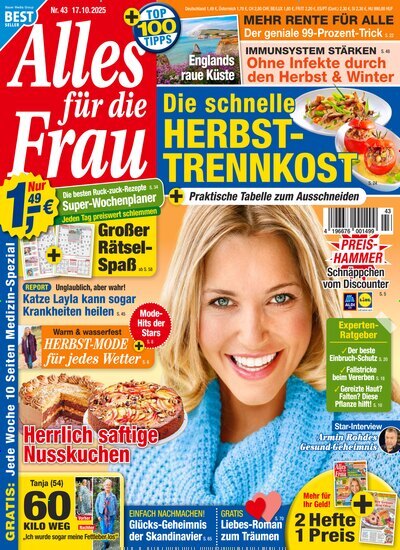 Titelbild der Ausgabe 43/2025 von Alles für die Frau. Diese Zeitschrift und viele weitere Frauenzeitschriften als Abo oder epaper bei United Kiosk online kaufen.