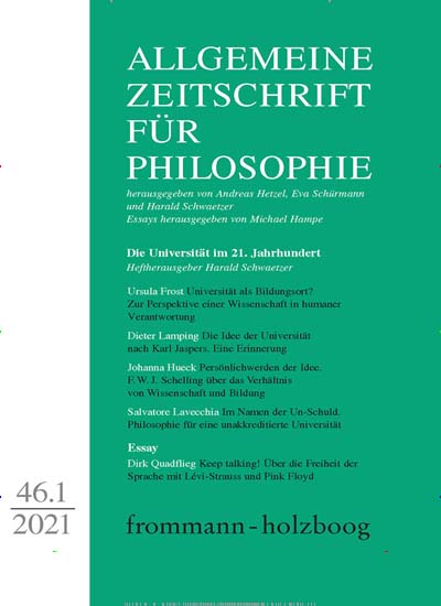Titelbild der Ausgabe 461/2021 von Allgemeine Zeitschrift für Philosophie. Diese Zeitschrift und viele weitere Wissenschaftsmagazine als Abo oder epaper bei United Kiosk online kaufen.