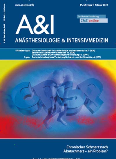 Titelbild der Ausgabe 1/2022 von Anästhesiologie & Intensivmedizin. Diese Zeitschrift und viele weitere Pflegezeitschriften und medizinische Fachzeitschriften als Abo oder epaper bei United Kiosk online kaufen.