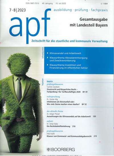 Titelbild der Ausgabe 8/2023 von apf für Bayern. Diese Zeitschrift und viele weitere Jurazeitschriften und Zeitschriften für Verwaltung als Abo oder epaper bei United Kiosk online kaufen.