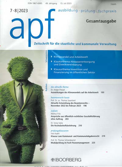 Titelbild der Ausgabe 8/2023 von apf - Gesamtausgabe. Diese Zeitschrift und viele weitere Jurazeitschriften und Zeitschriften für Verwaltung als Abo oder epaper bei United Kiosk online kaufen.