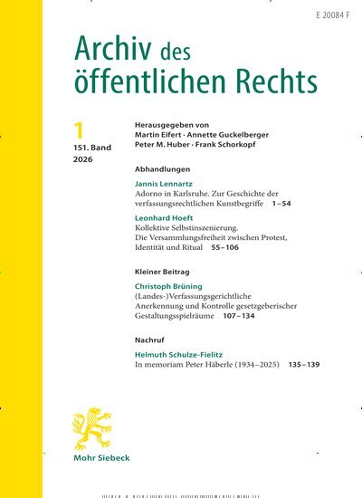 Titelbild der Ausgabe 1/2026 von Archiv des öffentlichen Rechts (AöR). Diese Zeitschrift und viele weitere Jurazeitschriften und Zeitschriften für Verwaltung als Abo oder epaper bei United Kiosk online kaufen.