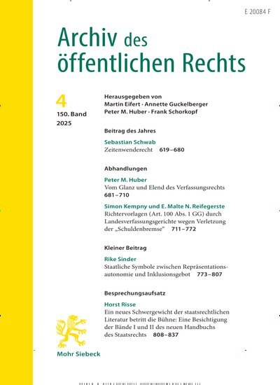 Titelbild der Ausgabe 4/2025 von Archiv des öffentlichen Rechts (AöR). Diese Zeitschrift und viele weitere Jurazeitschriften und Zeitschriften für Verwaltung als Abo oder epaper bei United Kiosk online kaufen.