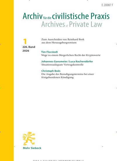 Titelbild der Ausgabe 1/2026 von Archiv für die civilistische Praxis (AcP). Diese Zeitschrift und viele weitere Jurazeitschriften und Zeitschriften für Verwaltung als Abo oder epaper bei United Kiosk online kaufen.