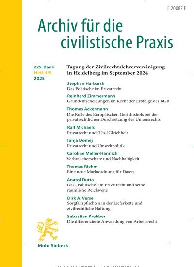 Titelbild der Ausgabe 4/2025 von Archiv für die civilistische Praxis (AcP). Diese Zeitschrift und viele weitere Jurazeitschriften und Zeitschriften für Verwaltung als Abo oder epaper bei United Kiosk online kaufen.