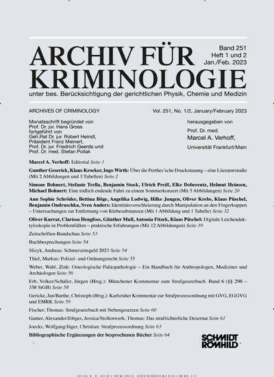 Titelbild der Ausgabe 2/2023 von Archiv für Kriminologie. Diese Zeitschrift und viele weitere Jurazeitschriften und Zeitschriften für Verwaltung als Abo oder epaper bei United Kiosk online kaufen.