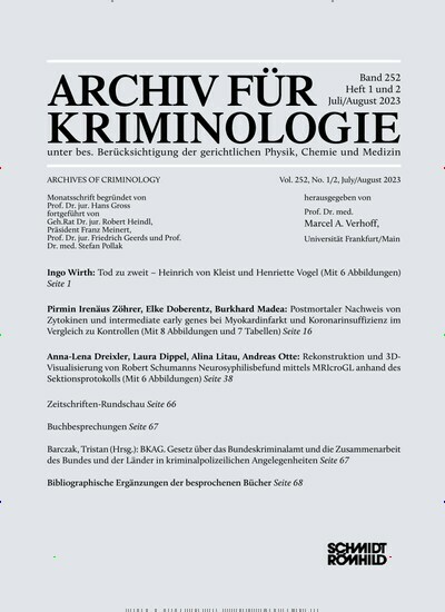 Titelbild der Ausgabe 8/2023 von Archiv für Kriminologie. Diese Zeitschrift und viele weitere Jurazeitschriften und Zeitschriften für Verwaltung als Abo oder epaper bei United Kiosk online kaufen.