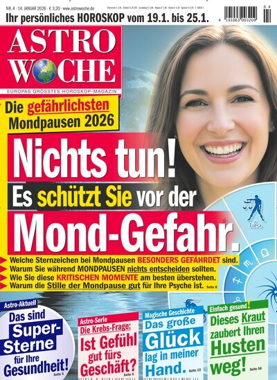 Titelbild der Ausgabe 4/2026 von Astrowoche. Diese Zeitschrift und viele weitere Frauenzeitschriften als Abo oder epaper bei United Kiosk online kaufen.