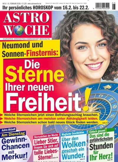 Titelbild der Ausgabe 8/2026 von Astrowoche. Diese Zeitschrift und viele weitere Frauenzeitschriften als Abo oder epaper bei United Kiosk online kaufen.