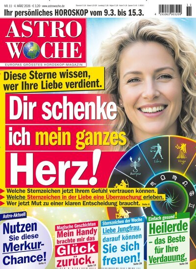 Titelbild der Ausgabe 11/2026 von Astrowoche. Diese Zeitschrift und viele weitere Frauenzeitschriften als Abo oder epaper bei United Kiosk online kaufen.