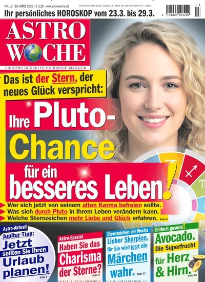 Titelbild der Ausgabe 13/2026 von Astrowoche. Diese Zeitschrift und viele weitere Frauenzeitschriften als Abo oder epaper bei United Kiosk online kaufen.