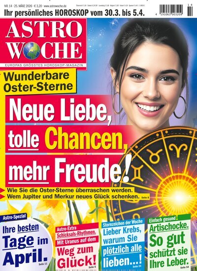 Titelbild der Ausgabe 14/2026 von Astrowoche. Diese Zeitschrift und viele weitere Frauenzeitschriften als Abo oder epaper bei United Kiosk online kaufen.