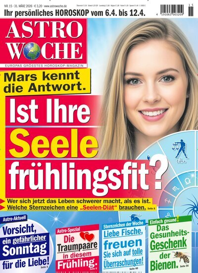 Titelbild der Ausgabe 15/2026 von Astrowoche. Diese Zeitschrift und viele weitere Frauenzeitschriften als Abo oder epaper bei United Kiosk online kaufen.