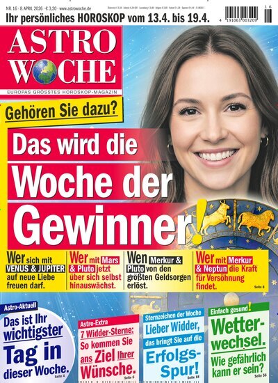 Titelbild der Ausgabe 16/2026 von Astrowoche. Diese Zeitschrift und viele weitere Frauenzeitschriften als Abo oder epaper bei United Kiosk online kaufen.