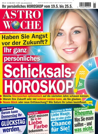 Titelbild der Ausgabe 21/2025 von Astrowoche. Diese Zeitschrift und viele weitere Frauenzeitschriften als Abo oder epaper bei United Kiosk online kaufen.