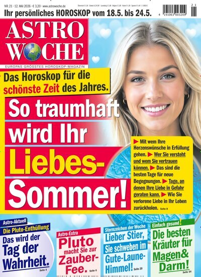 Titelbild der Ausgabe 21/2026 von Astrowoche. Diese Zeitschrift und viele weitere Frauenzeitschriften als Abo oder epaper bei United Kiosk online kaufen.