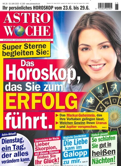 Titelbild der Ausgabe 26/2025 von Astrowoche. Diese Zeitschrift und viele weitere Frauenzeitschriften als Abo oder epaper bei United Kiosk online kaufen.