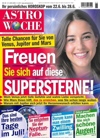 Titelbild der Ausgabe 26/2026 von Astrowoche. Diese Zeitschrift und viele weitere Frauenzeitschriften als Abo oder epaper bei United Kiosk online kaufen.