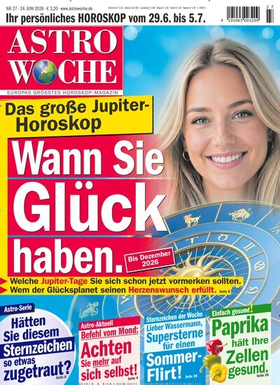 Titelbild der Ausgabe 27/2026 von Astrowoche. Diese Zeitschrift und viele weitere Frauenzeitschriften als Abo oder epaper bei United Kiosk online kaufen.