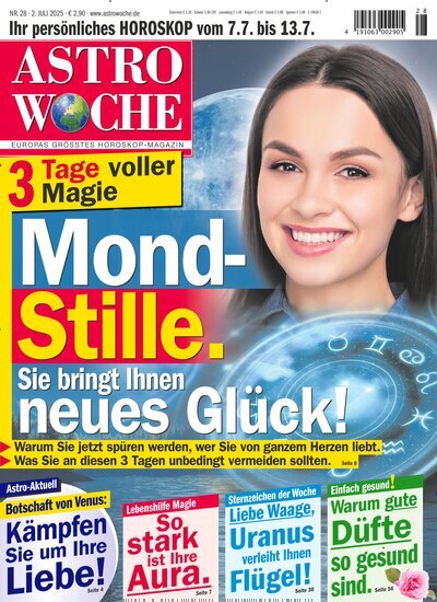 Titelbild der Ausgabe 28/2025 von Astrowoche. Diese Zeitschrift und viele weitere Frauenzeitschriften als Abo oder epaper bei United Kiosk online kaufen.