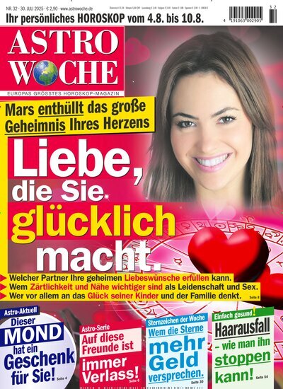 Titelbild der Ausgabe 32/2025 von Astrowoche. Diese Zeitschrift und viele weitere Frauenzeitschriften als Abo oder epaper bei United Kiosk online kaufen.