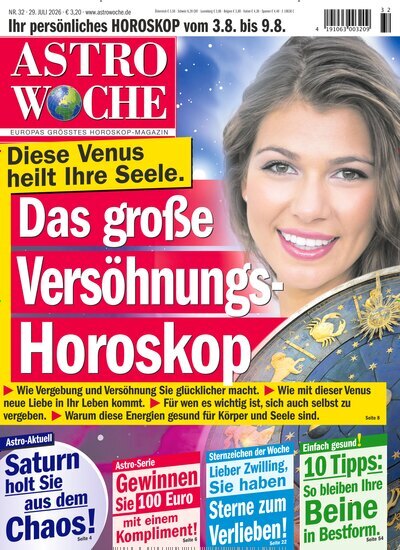 Titelbild der Ausgabe 32/2026 von Astrowoche. Diese Zeitschrift und viele weitere Frauenzeitschriften als Abo oder epaper bei United Kiosk online kaufen.