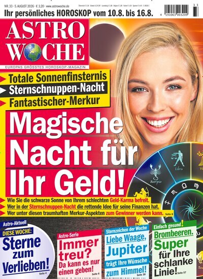 Titelbild der Ausgabe 33/2026 von Astrowoche. Diese Zeitschrift und viele weitere Frauenzeitschriften als Abo oder epaper bei United Kiosk online kaufen.