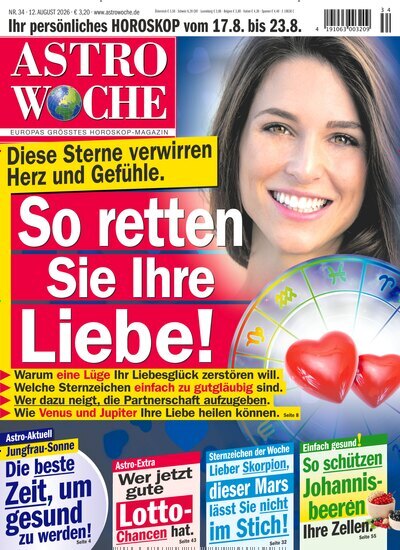 Titelbild der Ausgabe 34/2026 von Astrowoche. Diese Zeitschrift und viele weitere Frauenzeitschriften als Abo oder epaper bei United Kiosk online kaufen.