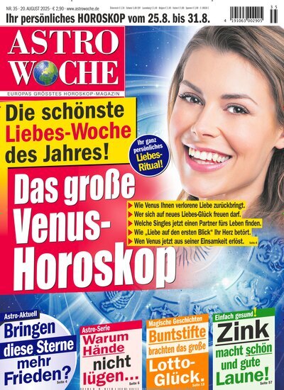 Titelbild der Ausgabe 35/2025 von Astrowoche. Diese Zeitschrift und viele weitere Frauenzeitschriften als Abo oder epaper bei United Kiosk online kaufen.