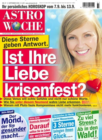 Titelbild der Ausgabe 37/2026 von Astrowoche. Diese Zeitschrift und viele weitere Frauenzeitschriften als Abo oder epaper bei United Kiosk online kaufen.