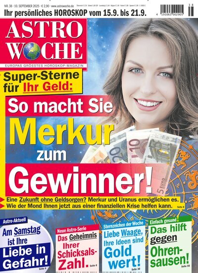 Titelbild der Ausgabe 38/2025 von Astrowoche. Diese Zeitschrift und viele weitere Frauenzeitschriften als Abo oder epaper bei United Kiosk online kaufen.