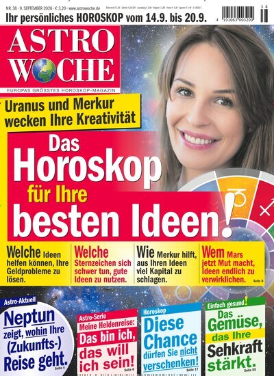 Titelbild der Ausgabe 38/2026 von Astrowoche. Diese Zeitschrift und viele weitere Frauenzeitschriften als Abo oder epaper bei United Kiosk online kaufen.