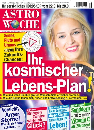 Titelbild der Ausgabe 39/2025 von Astrowoche. Diese Zeitschrift und viele weitere Frauenzeitschriften als Abo oder epaper bei United Kiosk online kaufen.