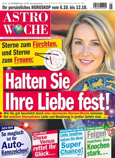Titelbild der Ausgabe 41/2025 von Astrowoche. Diese Zeitschrift und viele weitere Frauenzeitschriften als Abo oder epaper bei United Kiosk online kaufen.