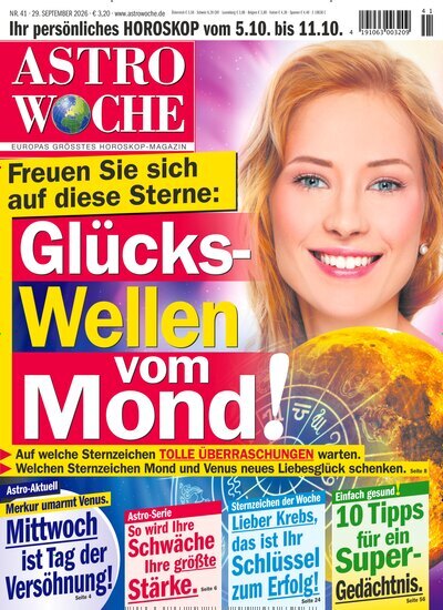 Titelbild der Ausgabe 41/2026 von Astrowoche. Diese Zeitschrift und viele weitere Frauenzeitschriften als Abo oder epaper bei United Kiosk online kaufen.