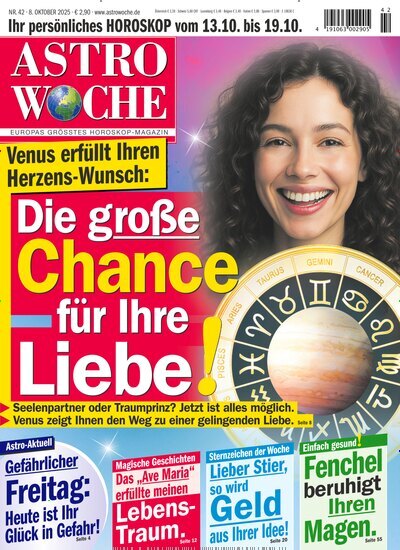 Titelbild der Ausgabe 42/2025 von Astrowoche. Diese Zeitschrift und viele weitere Frauenzeitschriften als Abo oder epaper bei United Kiosk online kaufen.