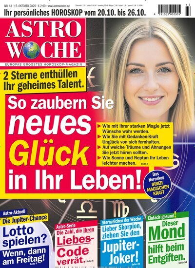 Titelbild der Ausgabe 43/2025 von Astrowoche. Diese Zeitschrift und viele weitere Frauenzeitschriften als Abo oder epaper bei United Kiosk online kaufen.