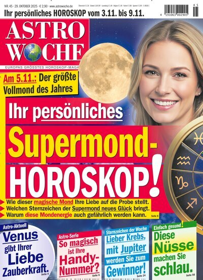 Titelbild der Ausgabe 45/2025 von Astrowoche. Diese Zeitschrift und viele weitere Frauenzeitschriften als Abo oder epaper bei United Kiosk online kaufen.