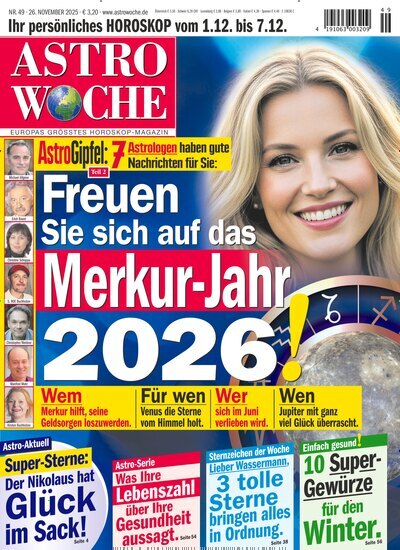 Titelbild der Ausgabe 49/2025 von Astrowoche. Diese Zeitschrift und viele weitere Frauenzeitschriften als Abo oder epaper bei United Kiosk online kaufen.
