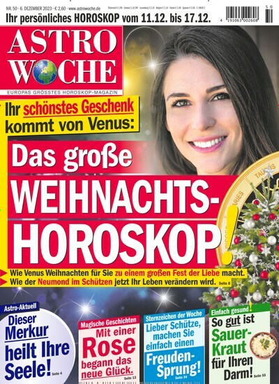 Titelbild der Ausgabe 50/2023 von Astrowoche. Diese Zeitschrift und viele weitere Frauenzeitschriften als Abo oder epaper bei United Kiosk online kaufen.