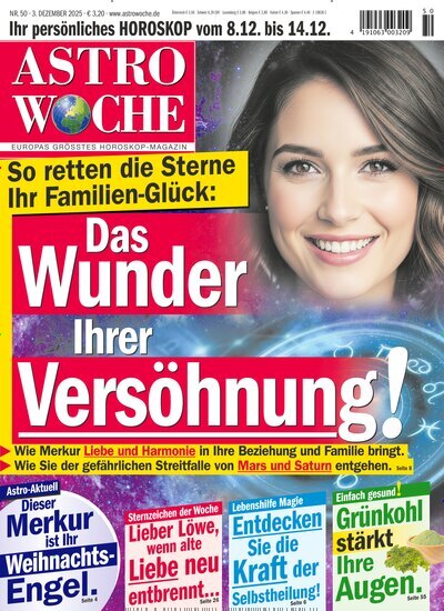 Titelbild der Ausgabe 50/2025 von Astrowoche. Diese Zeitschrift und viele weitere Frauenzeitschriften als Abo oder epaper bei United Kiosk online kaufen.